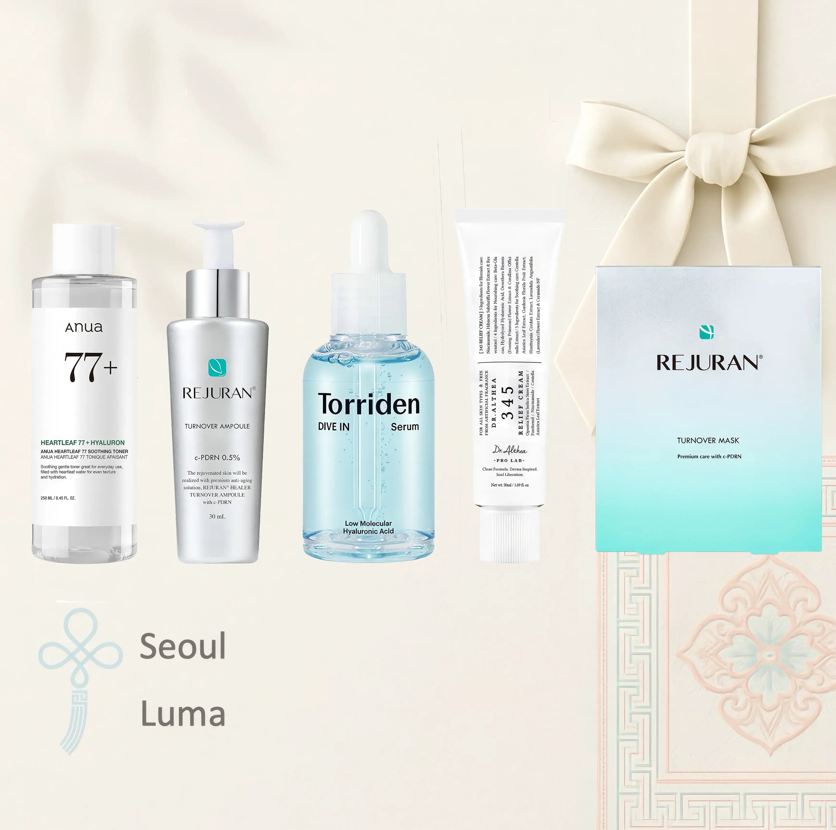 5-Step Recovery for Treated Skin routine featuring Anua Heartleaf 77 Soothing Toner, Rejuran Turnover Ampoule, Torriden DIVE-IN Low Molecular Hyaluronic Serum, Dr.Althea 345 Relief Cream, and Rejuran Turnover Mask for comprehensive post-treatment recovery and healing.